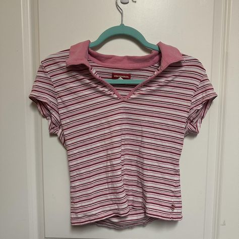 90s pink and white striped polo shirt  says large... - Depop Autumn Wishlist, Virtual Wardrobe, Shirt Y2k, Striped Polo Shirt, Knitwear Tops, Pink Top, Pink Tops, Sweater Skirt, Pink And White