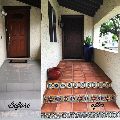 Spanish Bungalow Exterior Colors, California Bungalow Backyard, Spanish House Entryway, Spanish Porch Hacienda Style, Mexican Style Front Porch, Modern Mexican Entryway, Spanish Tile Front Porch, Spanish Tile Entryway, Small Spanish Bungalow Interior