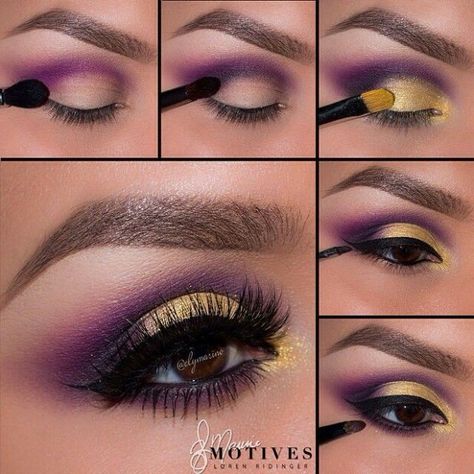 Purple & gold! Go Dawgs or LSU? Soft Eye Makeup, Makeup 2017, Beautiful Eyeshadow, Eyeshadow Tips, Purple Eye Makeup, Beginners Eye Makeup, Makeup Help, Eye Makeup Pictures, Makeup Course