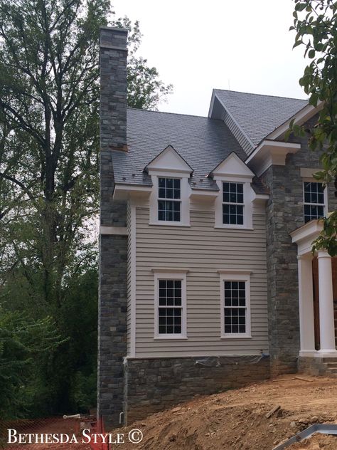 #BethesdaStyle ~ Home Exterior ~ Grey Stonework ~ Clapboard Siding ~ The Banks Development Company ~ Home Builder ~  www.banksdevco.com  #BanksDevelopment Wall Dormer Exterior, Wall Dormer, Clapboard Siding, Home Exterior, Building A New Home, Stone Houses, Exterior House, Home Builder, Bay Window