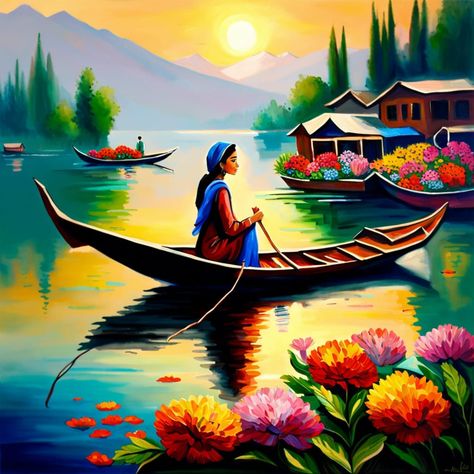 Dal Lake Kashmir Kashmir Drawing, Kashmir Painting, Dal Lake Kashmir, Beautiful Scenery Paintings, Saraswati Painting, Peaceful Backgrounds, Students Drawing, Country Pics, Chocolate Drawing