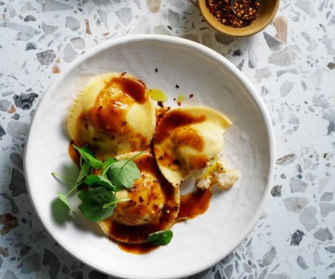 A very luxe filled pasta from the Melbourne's eatery. Prawn Ravioli, Flourless Cake Recipes, Ravioli Recipes, Spinach And Ricotta Ravioli, Pasta Gnocchi, Sausage Ragu, Poke Bowl Recipe, Pumpkin Ravioli, Ricotta Ravioli