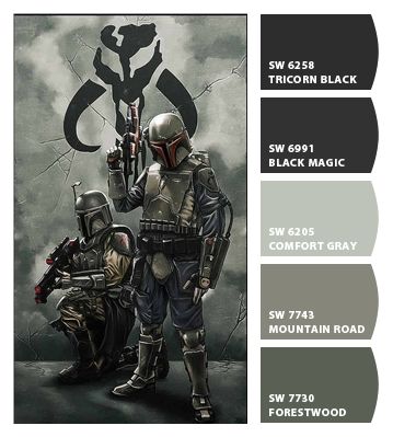 Paint colors from Chip It! by Sherwin-Williams Star Wars Color Pallete, Boba Fett Color Palette, Mandalorian Color Palette, Batcave Office, Star Wars Color Palette, Room Color Ideas For Men, Mandalorian Room, Star Wars House Decor, Paint Pallette