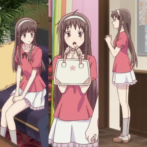 tohru honda red shirt with black bow, white/pink frilly skirt, white headband outfit Dress With Headband Outfit, Black Frilly Skirt Outfit, Outfits With White Headbands, Tohru Honda Clothes, Pink Shirt Black Skirt Outfit, Fruits Basket Inspired Outfits, Tohru Honda Outfit Aesthetic, Pink Shirt With Skirt, Shoujo Girls Outfits