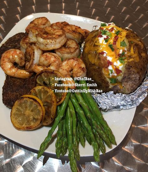 Steak Shrimp And Asparagus, Steak Shrimp Potatoes, Shrimp Plates Ideas, Steak Asparagus Potatoes, Steak And Shrimp Dinner Ideas, Shrimp And Steak Recipes, Meals With Asparagus, Steak And Shrimp Dinner, Steak And Shrimp Recipes