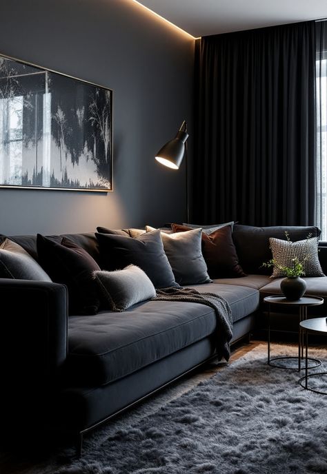 Dark Grey Couch Living Room Ideas Grey Velvet Couch Living Room, Grey Velvet Couch, Living Room Ideas For Men, Dark Grey Couch, Velvet Couch Living Room, Dark Grey Couch Living Room, Dark Living Room Ideas, Cozy Apartment Living Room, Dark Grey Couches