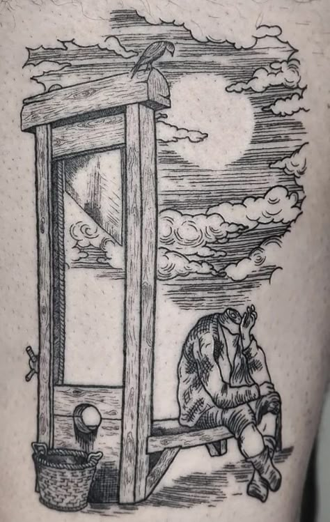 Surreal Fine Line Tattoo, Black Illustrative Tattoo, Neutral Milk Hotel Tattoo, The Ferryman Tattoo, Guillotine Illustration, Fireplace Tattoo, Art Gallery Tattoo, Guillotine Drawing, Jett Tattoo