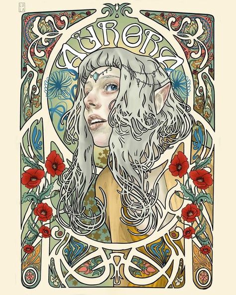 𓆩Lola Schæffer𓆪 on Instagram: "Mucha inspired portrait of Aurora❣️ Finally finished this piece! I usually don’t work with colors a lot so it was kind of a challenge. Also made her into a fairy, of course :)🌟💐🩸 — #art #artnouveau #aurora @auroramusic #elf #fairy #artwork #lineart #aurorafanart #mucha #procreate" Art Nouveau Self Portrait, Art Nouveau Fanart, Art Inspo Sketchbooks, Art Nouveau Portrait, Aurora Art, Nouveau Illustration, Elf Fairy, Art Nouveau Illustration, Walker Art