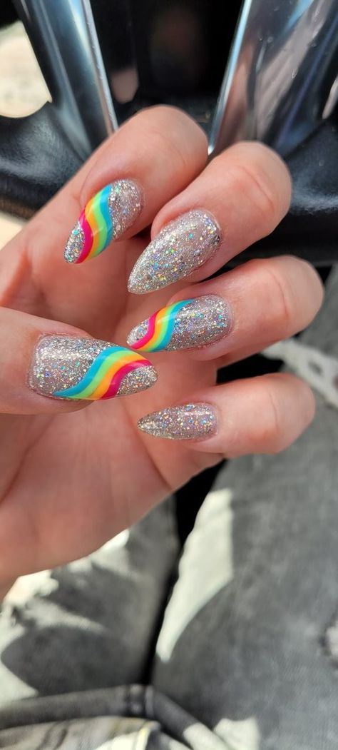 Acrylic nails glitter rainbow pride Rainbow Pride Nails, Rainbow Glitter Nails, Pride Month Nails, Acrylic Nails Glitter, Pride Nails, Rainbow Nails Design, Cute Online Clothing Stores, Rainbow Nail Art, Rainbow Nail