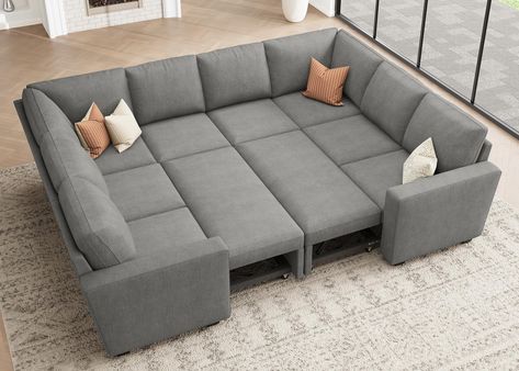 PRICES MAY VARY. Pull Out Bed: This modular sleeper sofa can easily convert from a stylish sectional during the day to a comfortable bed at night. The smooth pull-out bed allows for a quick transformation, making it perfect for movie nights or hosting overnight guests Storage Seats: Keep your living room organized with hidden storage space in the single seat, ottoman, and loveseat. These discreet spaces are perfect for storing blankets, pillows, and other essentials, maintaining a tidy and funct Big Sofa Bed, U Shaped Living Room, Sofa With Pull Out Bed, Oversized Sectional, Pull Out Sleeper Sofa, Couch With Storage, Convertible Couch, Large Couch, Sectional Couches