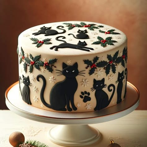 Cat Cake Design, Black Cat Cake, Holiday Cake, Cupcakes Decorados, Smooth Cake, Cute Black Cat, Themed Christmas, Cat Cake, Cat Themed