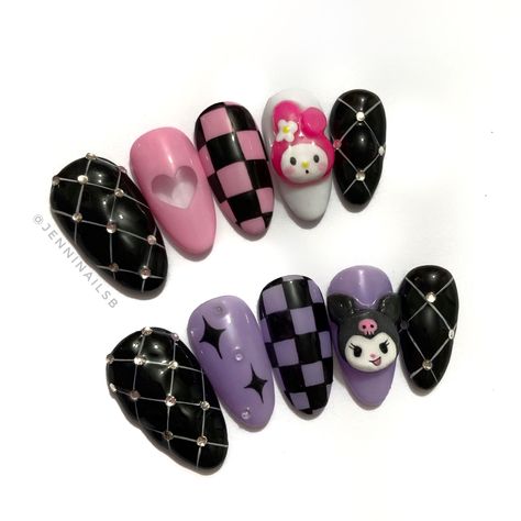 Kurumi Nails Art, My Melody And Kuromi Nail Art, Kuromi And Hello Kitty Nails, My Melody Kuromi Nails, Kuromi Short Nails, Kuromi Nails Simple, Melody And Kuromi Nails, Kuromi Inspired Nails, Kurumi Nails