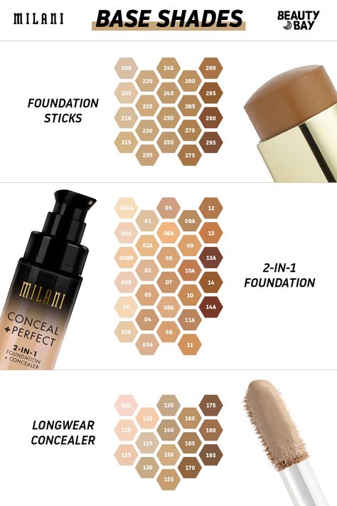 Find your shade in the Iconic Milani 2-in-1 Foundation, Foundation Sticks and Longwear Concealer. #BEAUTYBAY #foundation #pantone #concealer #iconic Milani Foundation Shades, Milani Foundation Swatches, Milani Foundation, Stick Concealer, Milani Makeup, Foundation Swatches, Milani Cosmetics, Concealer Stick, Foundation Shades