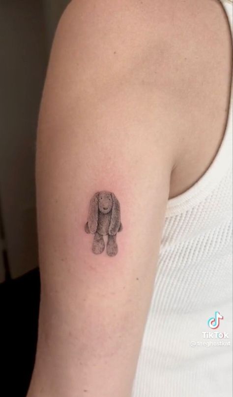 Floppy Bunny Tattoo, Rabbit Stuffed Animal Tattoo, Toy Bunny Tattoo, Jelly Cat Tattoo, Bunny Teddy Tattoo, Bunny Stuffed Animal Tattoo, Jellycat Tattoo, Monchichi Tattoo, Childhood Stuffed Animal Tattoo