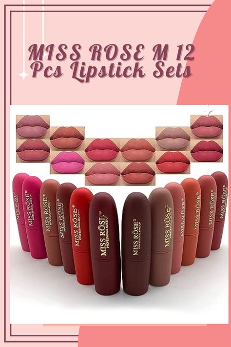 MISS ROSE M 12 Pcs Lipstick Sets for Black Women , labiales mate 24 hours stay, lip stain long lasting waterproof,Nude Red 24 Hour Stay on Matte Lipstick (026 model 12 pcs) #missrose #missrosecosmatics #missroselipsticks #bulletlipsticks #creamylipsticks #lonlastinglipsticks #affordablemakeup #womenbeauty #womenmakeup Matte Lipstick Set, Beautiful Profile, Beautiful Profile Pictures, Matte Colors, Rose Lipstick, Pink Shades, Affordable Makeup, Water Cleanse, Nude Lipstick