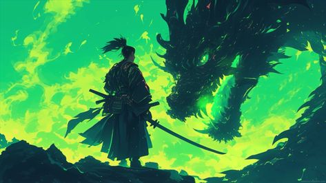 Samurai Vs Green Flame Dragon Live Wallpaper Dragon Wallpaper Desktop, Fantasy Samurai, Flame Dragon, Green Pc, Dragon Wallpaper, Free Live Wallpapers, Wallpaper Engine, Samurai Wallpaper, Animated Wallpaper