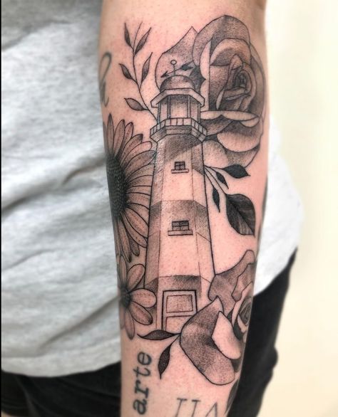 Lighthouse Flower Tattoo, Lighthouse Tattoo With Flowers, Lighthouse And Flowers Tattoo, Sea Themed Matching Tattoos, Lighthouse Arm Tattoo, Floral Lighthouse Tattoo, Lighthouse Sleeve Tattoo Women, Lighthouse Tattoo For Women Half Sleeves, Lighthouse Tattoos For Women