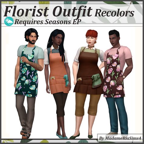 Florist Outfit Recolors | MadameRia on Patreon Sims 4 Baker Clothes Cc, Sims 4 Barista Outfit, Sims 4 Apron Accessory, Sims 4 Cc Apron Accessory, Sims 4 Florist, Florist Outfit, Painter Outfit, Barista Outfits, Baker Clothes