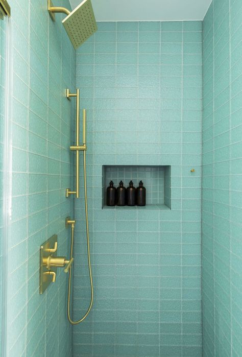 Blue Green Tile, Aqua Tiles, Green Tile Bathroom, Blue Bathroom Tile, Shower Wall Tile, Eclectic Bathroom, Pool Tiles, Bathroom Red, Classic Bathroom