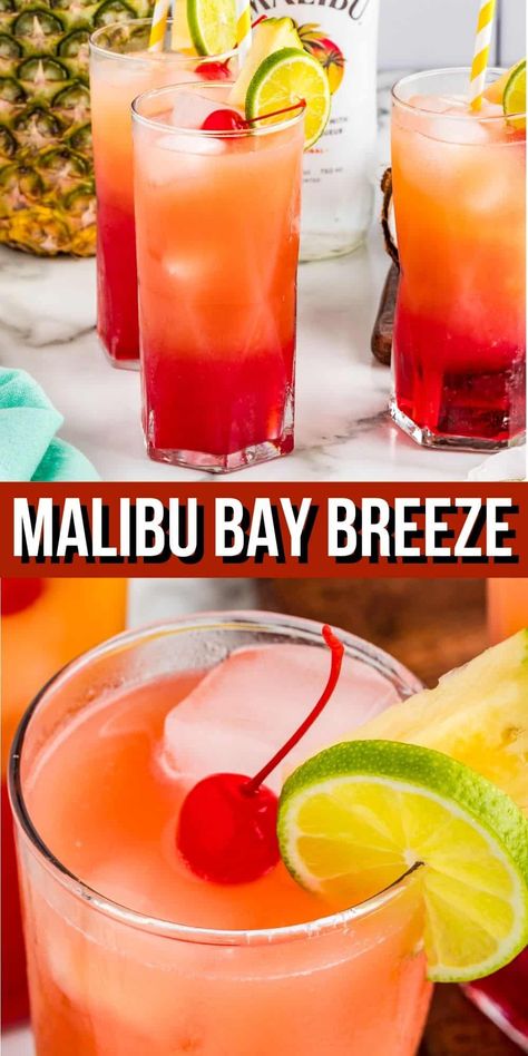 Bay Breeze Cocktail, Malibu Bay Breeze, Malibu Rum Drinks, Drinks With Cranberry Juice, Malibu Cocktails, Coconut Rum Drinks, Rum Drinks Recipes, Fruity Alcohol Drinks, Malibu Drinks