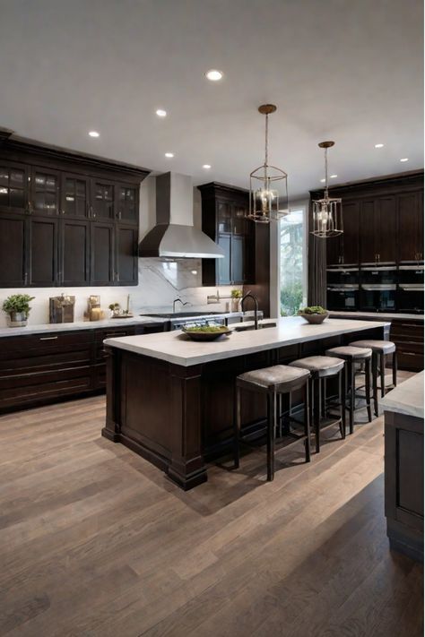 Traditional kitchen cabinets in a kitchen that has been well-maintained over the years Kitchen Island Dark Cabinets, Kitchens With Dark Wood Floors, Large Kitchen Ideas, Dark Brown Kitchen Cabinets, Dark Brown Kitchen, Cabinet Solutions, Traditional Kitchen Cabinets, Kitchen Vibes, Brown Kitchen Cabinets