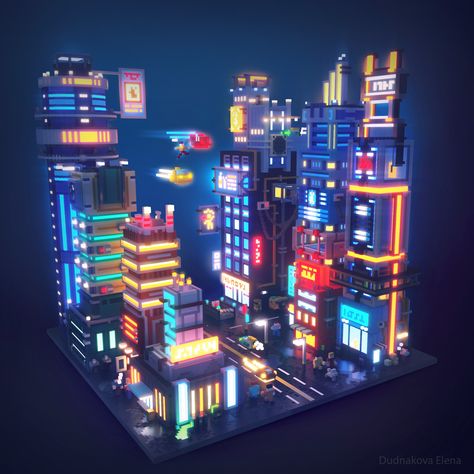 ArtStation - Voxel cyberpunk town, Elena Dudnakova Cyberpunk Building, Ville Cyberpunk, Cyberpunk Games, 3d Karakter, Voxel Art, Minecraft Modern, Minecraft City, Building Concept, Isometric Art