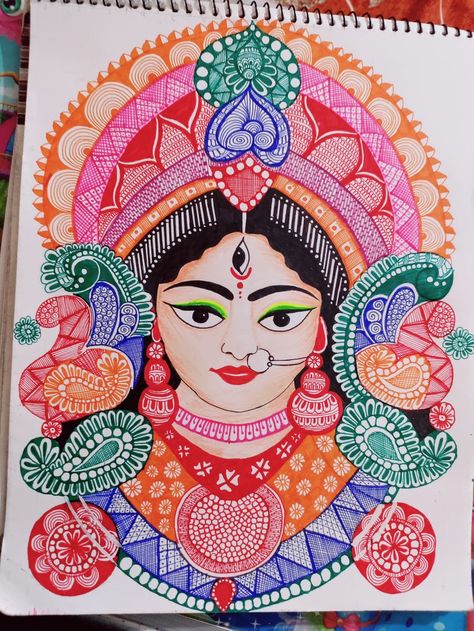 Navratri Garba Mandala Art, Durga Maa Mandala Art Colourful, Ma Durga Madhubani Painting, Godess Durga Drawings, Durga Mata Mandala Art, Ammavaru Images, Navratri Drawing Sketch, Navaratri Drawings, Ma Durga Mandala Art