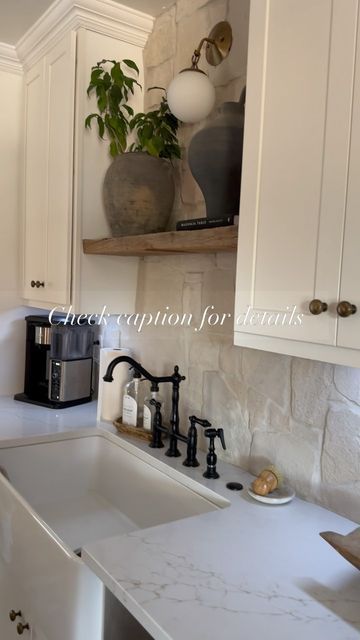 Kristina Evans on Instagram: "I get asked this SO often! We used Alamo Sandstone Random Lesger Panel by Rock Rodge. We bought it from @flooranddecor And we used mapei alabaster grout! Save for future reference! Comment “kitchen” for links to the other items in my kitchen! We did seal the stone in my kitchen but my stove is in my island so I don’t cook near it for it to get food messes on! . . #stonebacksplash #organicmodern #modernorganic #earthytones #earthydecor #ltkhome #homeinspo #laundryroomdesign #kitchendesign" Stove Alcove Kitchen Stone, Alamo Sandstone Backsplash, Stone Behind Stove, Sandstone Backsplash Kitchen, Natural Stone Kitchen Backsplash, Natural Stone Backsplash Kitchen, Stone Veneer Backsplash, Rancher Remodel, Rock Kitchen