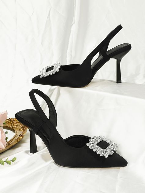 Black Glamorous Collar   Plain Slingbacks Embellished   Women Shoes Elegant Shoes Heels, Holiday Heels, Burgundy Heels, Shoes Heels Classy, Zara Heels, Holiday Shoes, Kitten Heel Shoes, Brand Clothes, Heels Classy