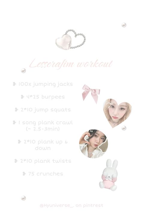 The LESSERAFIM workout is so tiring, but so worth it!! (๑و•̀Δ•́)و✧ I recommend doing it a few times a week, with some days of rest and recovery. (Reminder: don't push yourself too much and only do what you are comfortable doing.) Good Luck!! ♡(@'ω'@)/♡ #HomeDecor #HouseGoals #InteriorDesign #HomeInspiration #HomeIdeas #DecorInspiration #InteriorInspo #DecorTips #HomeDecorating #HomeStyle Lessafirm Workout, Leserrafim Workout, Aesthetic Workout Routine, Lesserafim Workout, Home Workout Aesthetic, Aesthetic Home Gym, Kpop Workout, Rest And Recovery, Fitness Vision Board