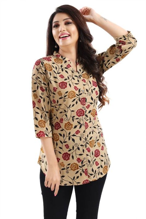 beige short kurti Short Kurti Designs, Cotton Tops Designs, Design Kurta, Simple Frock Design, Stylish Kurtis Design, Stylish Tops For Women, Short Kurti, Style Guru, Designer Kurtis