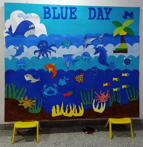 Blue Day Crafts Preschool Decorations, Blue Day Decoration In School, Blue Colour Day Crafts Preschool, Blue Color Day Decoration In School, Ocean Board Ideas, Blue Colour Day Decoration In Preschool, Blue Day Celebration In Kindergarten, Blue Day Board Decoration In Preschool, Blue Bulletin Board Ideas