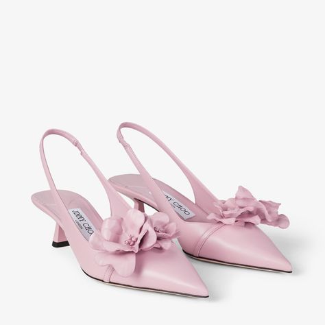 AMITA/FLOWERS 45 | Rose Nappa Leather Sling Back Pumps with Flowers | New Collection | JIMMY CHOO Sling Back Pumps, Jimmy Choo Heels, Pink Pumps, Shoes Luxury, Leather Flowers, Pink Heels, Jimmy Choo Shoes, Footwear Design Women, Sling Back