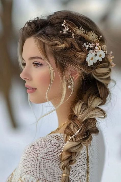 Long Hair Braid With Flowers, Bridal Side Braids For Long Hair, One Side Bridal Hairstyle, Bridal Side Braid Hairstyles, Bridal Hair Side Braid, Wedding Hairstyles Side Braid, Wedding Side Braid Hairstyles, Side Braid Hairstyles For Wedding, Bridal Side Braid