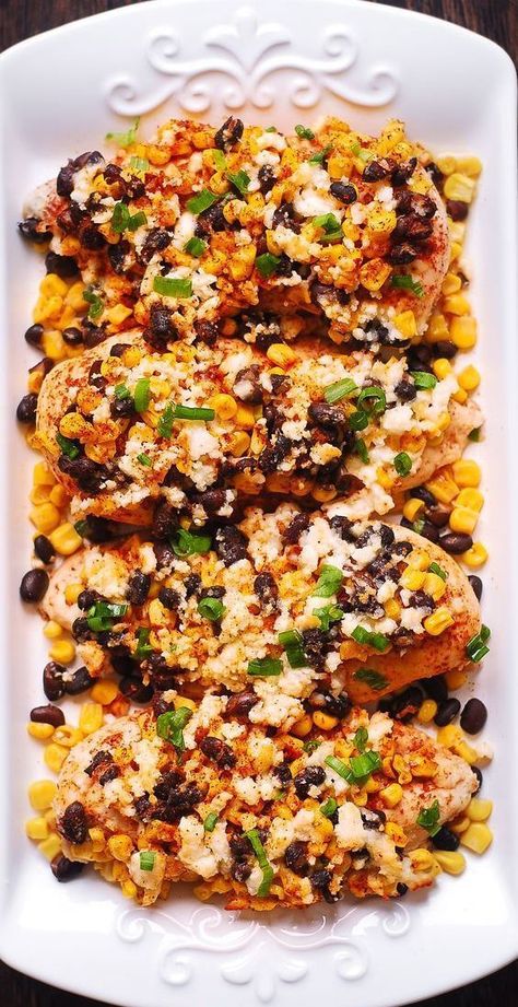 Mexican Street Corn Black Bean Chicken Bake with Chili powder and Cotija cheese. You can also use Feta cheese. #chickenbake #chicken #corn #cotija #feta #dinner Chicken Black Beans Corn, Corn Black Bean, Chicken Black Beans, Black Bean Chicken, Black Beans Corn, Corn Chicken, Bake Chicken, Chicken Corn, Mexican Street Food