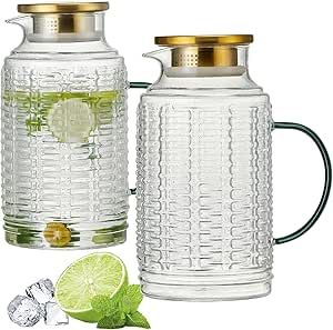 Buaic Glass Pitcher with Lid, 2 PACK 68 oz/2L Liter Vintage Water Pitcher, Clear Borosilicate Glass Water Carafe for Cold Brew, Coffee, Lemonade, Iced Tea,Beverage, Heat Resistant Water Glass Jug Coffee Lemonade, Glass Water Carafe, Lemonade Iced Tea, Pitcher With Lid, Water Carafe, Glass Jug, Water Pitcher, Glass Pitcher, Water Pitchers