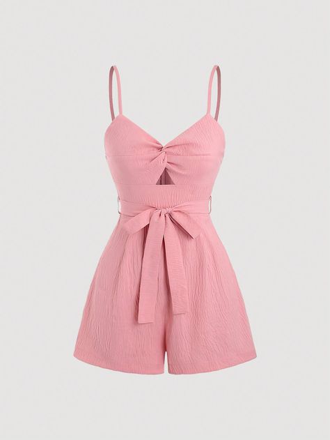 SHEIN MOD Women's Front Knot Spaghetti Strap RomperI discovered amazing products on SHEIN.com, come check them out! Women Romper Outfits, Mod Fashion Women, Pink Romper, Office Dresses For Women, Pink Jumpsuit, Neue Outfits, Pink Rompers, Lazy Day Outfits, Classy Casual Outfits