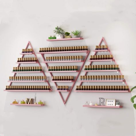 Nail Polish Shelves Display, Nail Polish Display Ideas Shelves, Nail Polish Organization Wall, Nail Polish Display Ideas, Nail Shop Decor Ideas, Nail Tech Organization Ideas, Nail Polish Storage Ideas, Nail Polish Shelves, At Home Nail Salon Room