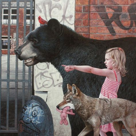 16 Surreal Paintings Of Kids And Wild Animals Wandering In Abandoned Urban Areas - I Can Has Cheezburger? Kevin Peterson, Urban Painting, Colossal Art, Artist Interview, Surrealism Painting, Realistic Paintings, Red Hot Chili Peppers, Bear Art, Arte Animal