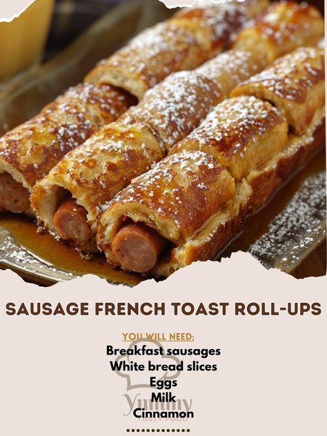 🍞 Enjoy our Sausage French Toast Roll-Ups for a fun breakfast treat! 🍞 #FrenchToast #Breakfast Sausage French Toast Roll-Ups Ingredients: Breakfast sausages (8) White bread slices (8) Eggs (2) Milk (1/4 cup) Cinnamon (1 tsp) Sugar (2 tbsp) Butter (2 tbsp) Instructions: Cook sausages and set aside. Flatten bread slices with a rolling pin. Place a sausage on each slice, roll up, and secure with a toothpick. Mix eggs, milk, and cinnamon in a bowl. Dip rolls in egg mixture. Cook in butter unt... Sausage Roll Ups, French Toast Roll Ups, Fun Breakfast, Sausage Roll, Breakfast Sausage, Bread Toast, Sausage Rolls, How To Cook Sausage, Roll Ups