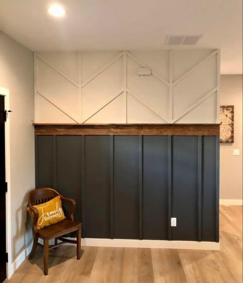 Board And Baton Wall With Shelf, Accent Wall In Closet Walk In, Half Accent Wall Living Room, Panel Wall Entryway, Diagonal Board And Batten Wall, Wall Paneling Ideas Entryway, Stained Board And Batten Wall, Mcm Accent Wall, Navy Board And Batten Wall