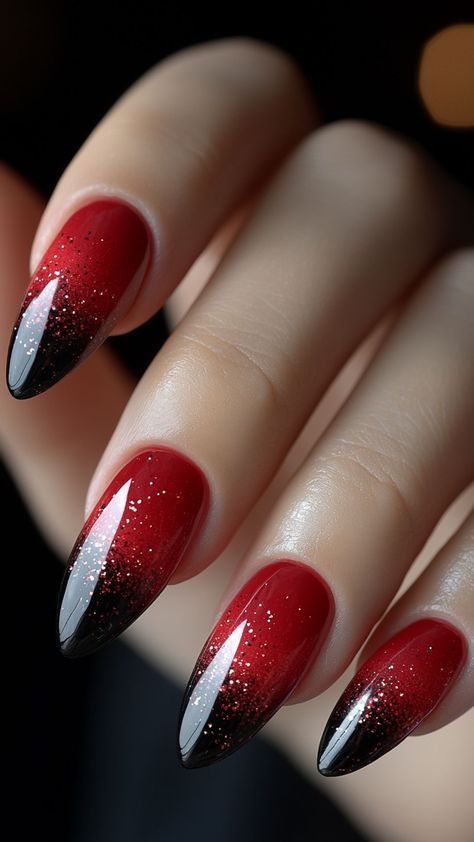 October Ombre Nails, Red And Black Ombre Nails Coffin, Black And Red Halloween Nail Designs, Red Nails Black Tips, Simple Red And Black Nails, Black And Red French Tip Nails, Red Nails With Designs, Black And Red Halloween Nails, Halloween Nails Red