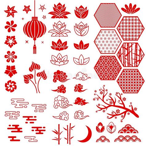 Chinese new year elements. Festive oriental asian style. Red cloud, flowers and moon, bamboo and sakura, lotus leaves royalty free illustration New Year Elements, Tekken 2, David Downton, Chinese Pattern, Red Cloud, Chinese Design, Lotus Leaves, Japanese Patterns, Chinese Patterns