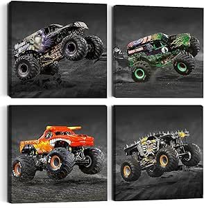 Monster Truck Wall Art, Monster Truck Painting Canvas, Playroom Farmhouse, Men Living Room, Vehicle Painting, Car Room Decor, Adult Activities, Yoga Place, Car Room