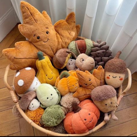 Jellycat Aesthetic Collection, Jelly Cat Collection, Stuffed Toys Aesthetic, Autumn Jellycat, Pumpkin Jellycat, Jellycat Display, Jelly Cat, Jellycat Stuffed Animals, Fall Mood Board