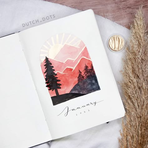 @dutch_dots on instagram Bullet Journal Month Cover, Bullet Journal Watercolour, January Themes, Monthly Cover Page, Gold Landscape, Bullet Journal 2024, Aesthetic Bullet Journal, Scrapbook Themes, Cover Page Ideas