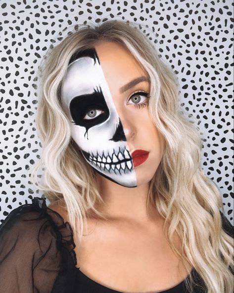 Half Painted Skeleton Face, Simple Skeleton Makeup Half Face, Easy Skeleton Makeup Kids, Skeleton Makeup For Kids, Mens Skeleton Makeup, Half Skeleton Makeup Easy, Hot Skeleton Costume, Kids Skeleton Makeup, Half Face Skeleton Makeup