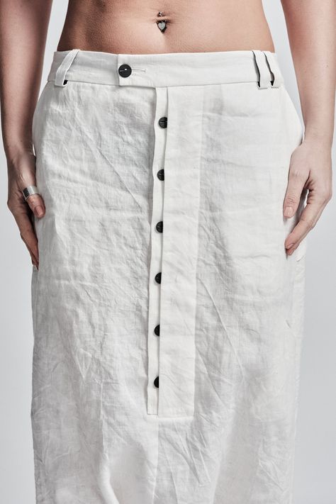 "Off-White Drop Crotch Boiled Linen Trousers with Buttons__ // EXPRESS DELIVERY ONLY __Semi Visible Front Closure with Black Buttons __3 Front & 2 Back Pockets __Fully Completed Bound Seams __Elastic Backside Waistband model__ bust 92 (36\"), waist 72 (28\"), hips 102 (40\"), biceps 28 (11''), height 177 (5'8\"), kg 65 (143 lbs) model wears size M | color: off-white fabric__ 100 linen care__ dry cleaning do not bleach do not tumble dry do not iron to keep wrinkle effect sizing__ size XS (US Low Crotch Pants, Off White Pants, Winter Trousers, Linen Coat, Pants Linen, Drop Crotch Pants, Long Trench Coat, Trench Coat Black, Designs For Dresses