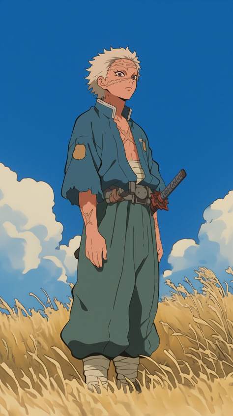 Wallpaper of Sanemi Shinazugawa from Demon Slayer in a Vintage Ghibli Art Style DM me on insta for full resolution image fil Anime Vintage Wallpaper, Vintage Ghibli, Sanemi Shinazugawa Wallpaper, Ghibli Art Style, Demon Slayer Shinazugawa, Demon Slayer Sanemi, Studio Ghibli Characters, Sanemi Shinazugawa, Itachi Uchiha Art