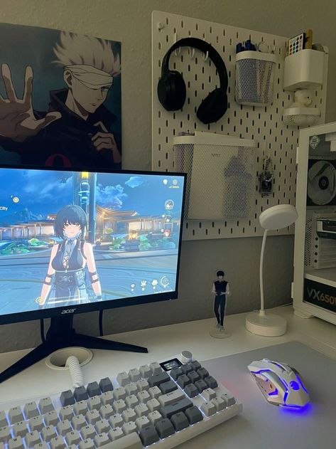 Messy Pc Setup, Simple Pc Setup Aesthetic, Anime Office Ideas, Streaming Setup Ideas Aesthetic, Gaming Room Setup Minimalist, Japanese Gaming Setup, Streamer Setup Aesthetic, Gaming Setup Dark, Game Designer Aesthetic